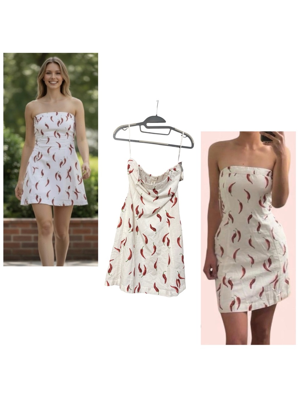 White Strapless Convertible Mini Dress with Red Chili Print, Jessica Simpson,